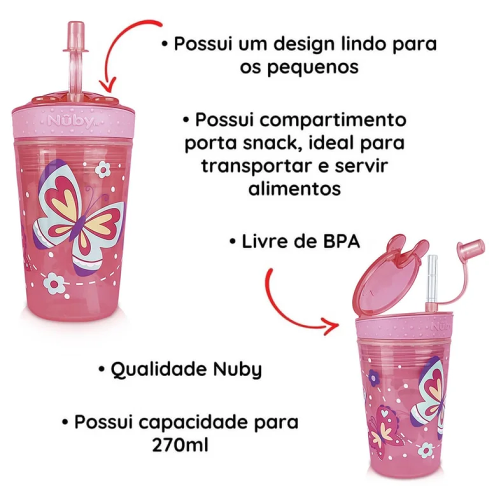 Copo com Porta Snack Infantil 270ml Nûby Canudo e Tampa Borboletas