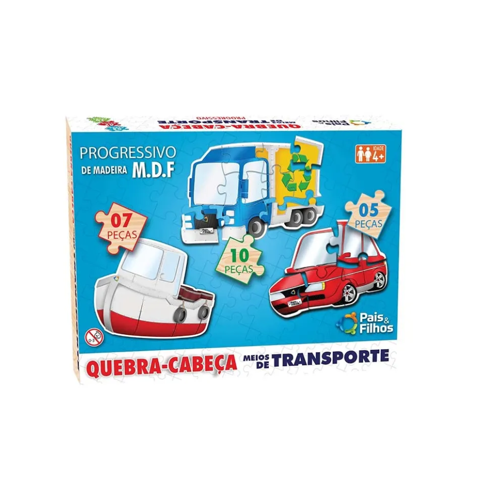 Quebra-Cabeça Meios de Transportes em Madeira Pais e Filhos com 5/7/10 Peças Progressivo