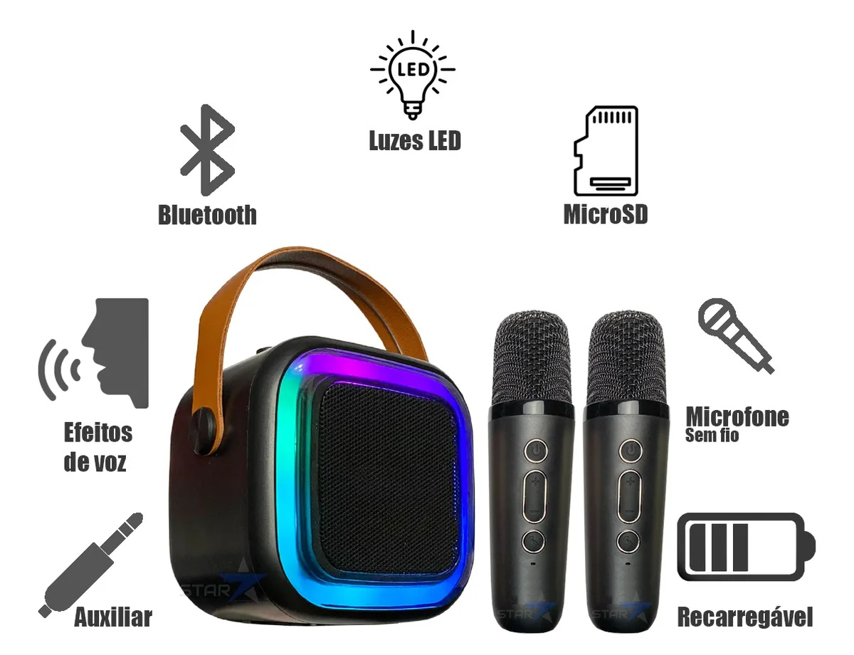 Caixinha Som Karaokê 2 Microfones Bluetooth