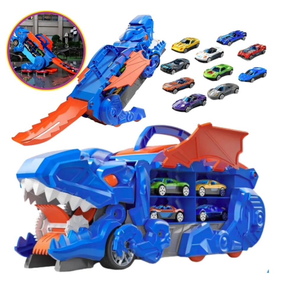 Caminhão Dino Engole Carrinho c/ Pista Lançador e Maleta 8 carrinhos