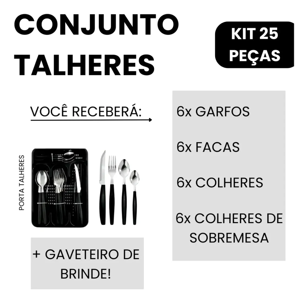 Conjunto Faqueiro Kit 25 Peças Porta Talheres Aço Inox
