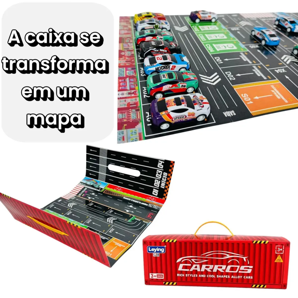 Kit Container c/ 48 Mini Carrinhos De Fricção De Metal Com 2 Pistas