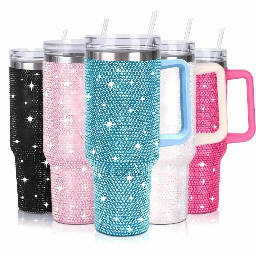 Copo Garrafa Térmica 1200ml Strass Brilhante Com Tampa e Canudo