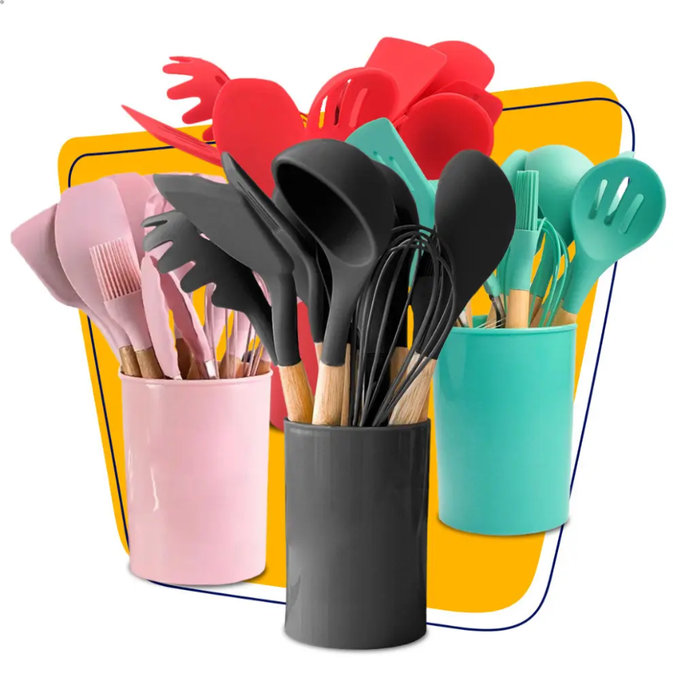Kit C/12 Utensílios De Cozinha Em Silicone Cabo Madeira