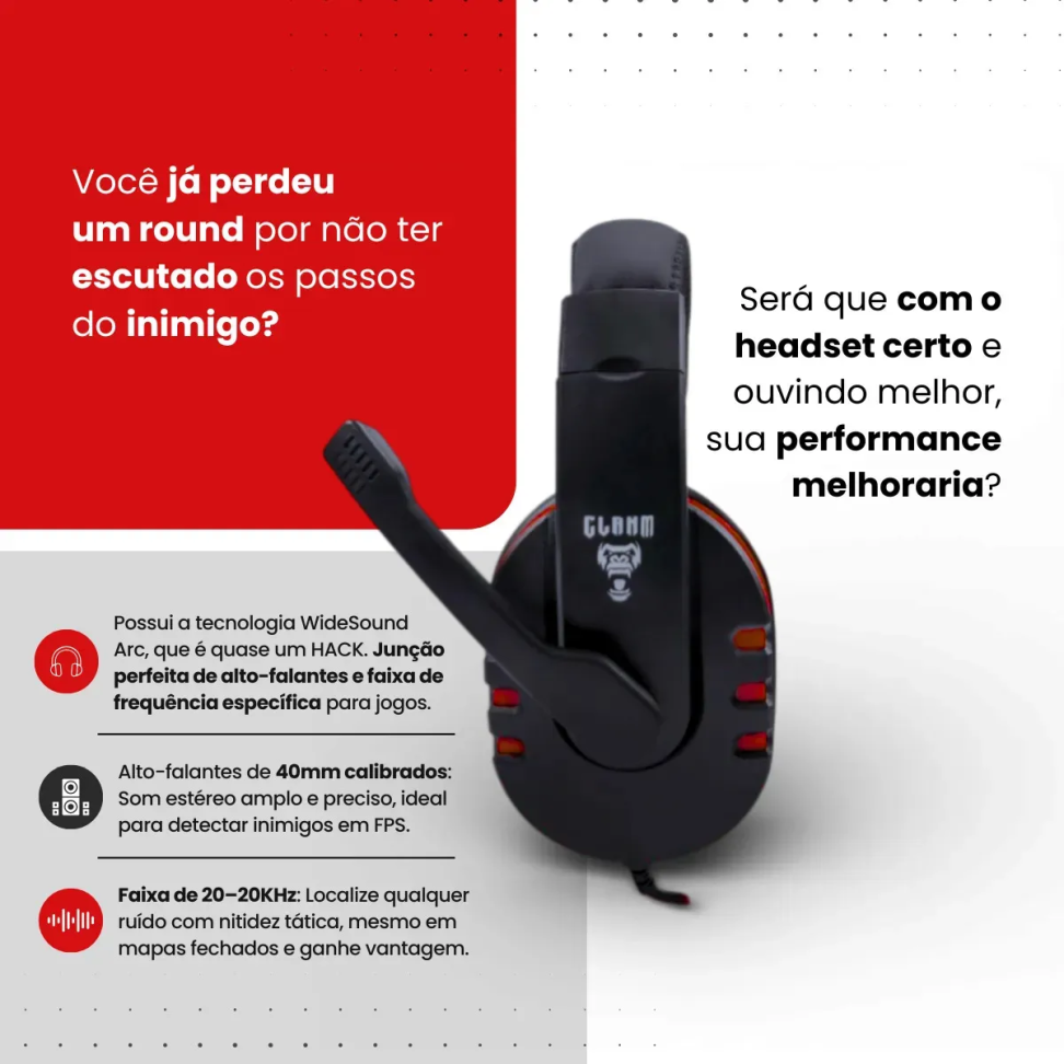 Headset Gamer Com Fio Preto/Vermelho - #3