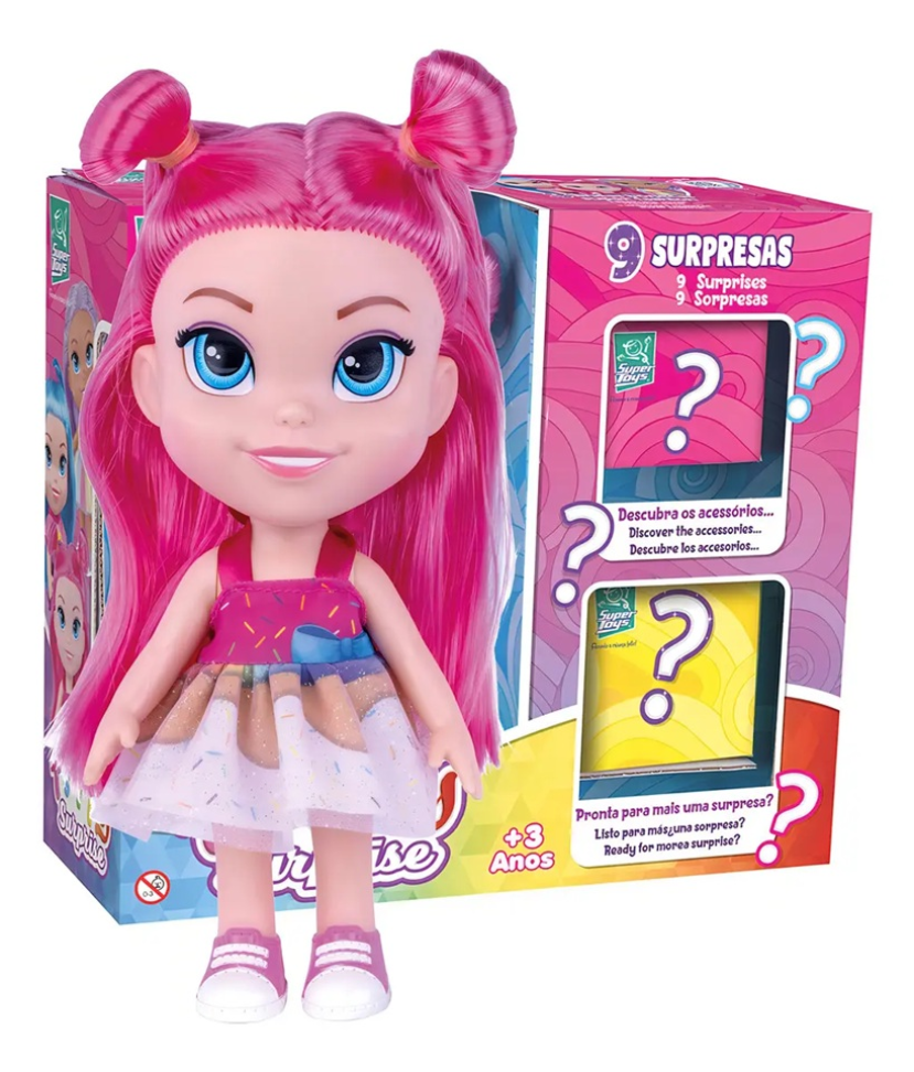 Boneca Happy Surprise Com Acessórios Surpresa Cabelo Rosa