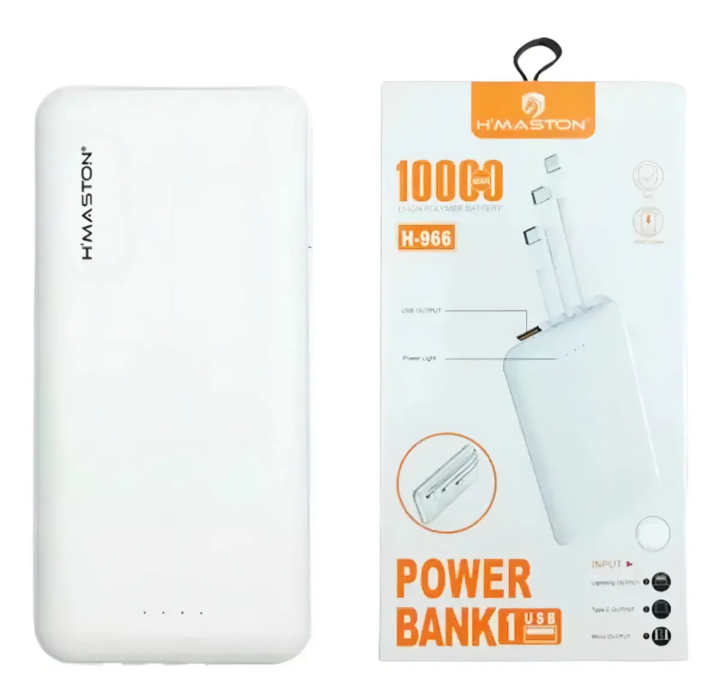 Carregador Portátil Hmaston 10.000mah C/ 3 Cabos + Saida Usb Cor Branco