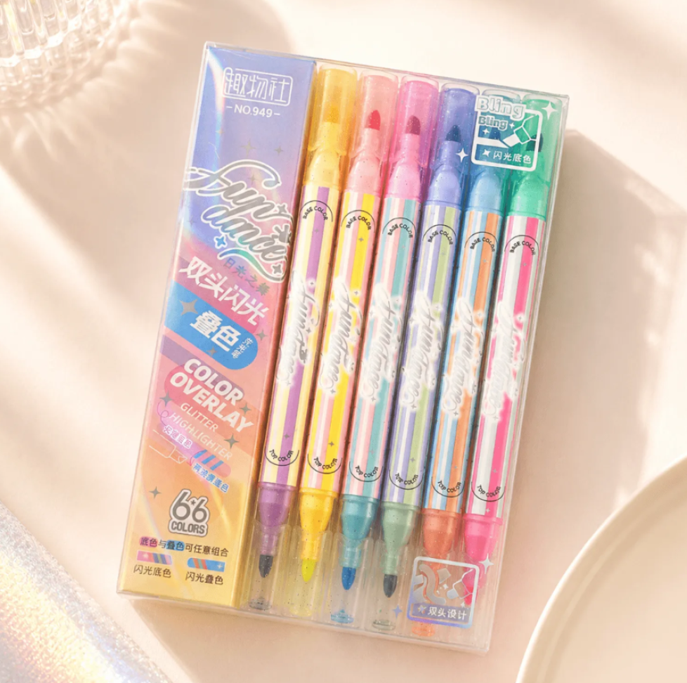 Marca texto Glitter 2 pontas 6 und 12 Cores Fun Dance - IMPORTADO