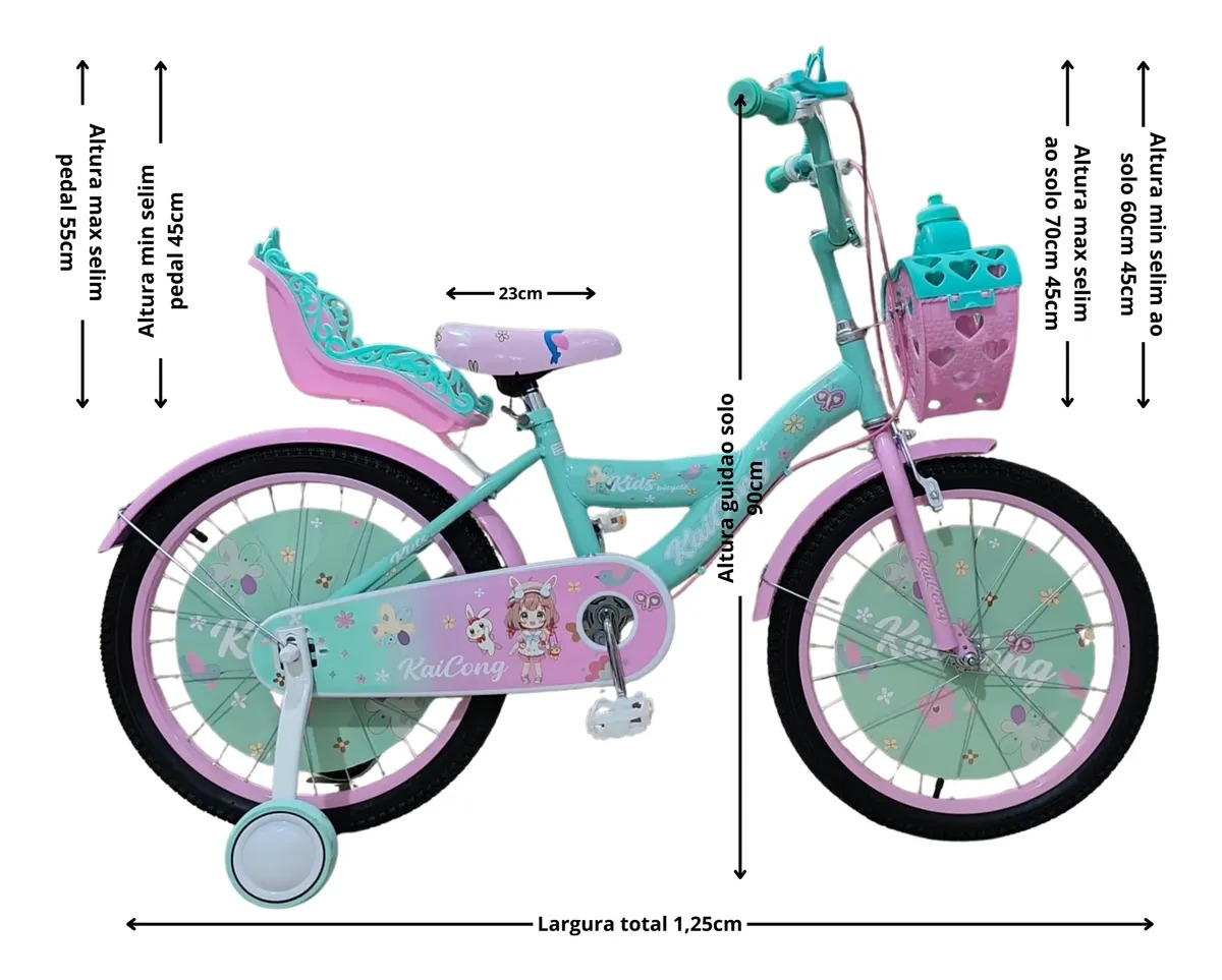 Bicicleta Infantil Aro 20 Garupa P/ Boneca E Cesta Meninas Rosa com Verde - #4