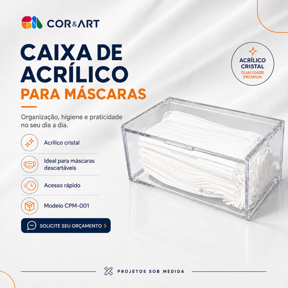 Caixa Porta Máscaras de Acrílico com Tampa Articulada