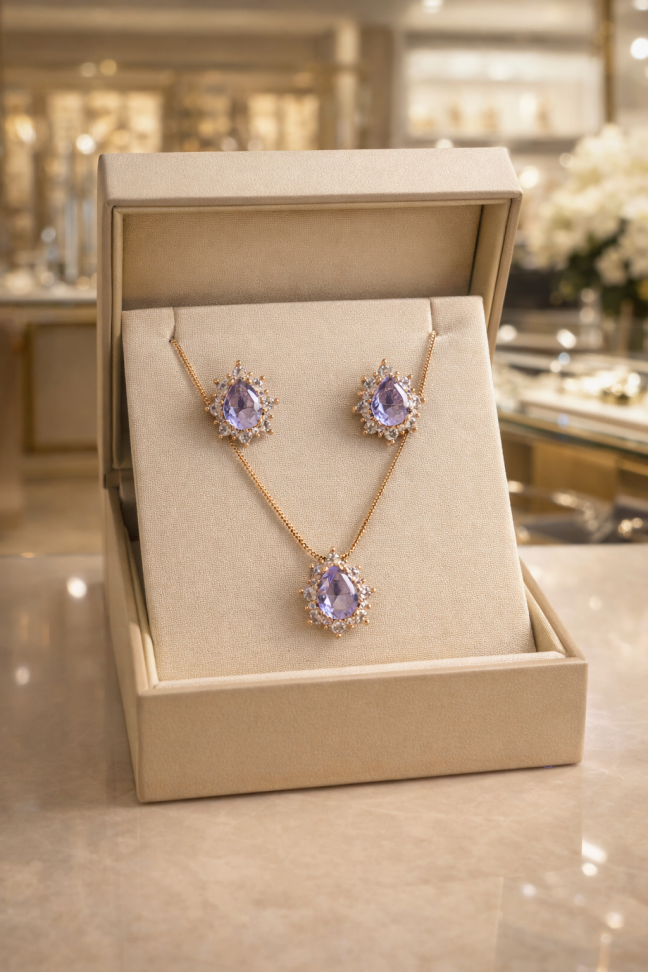 Conjunto gota cravejada zircônia lilás