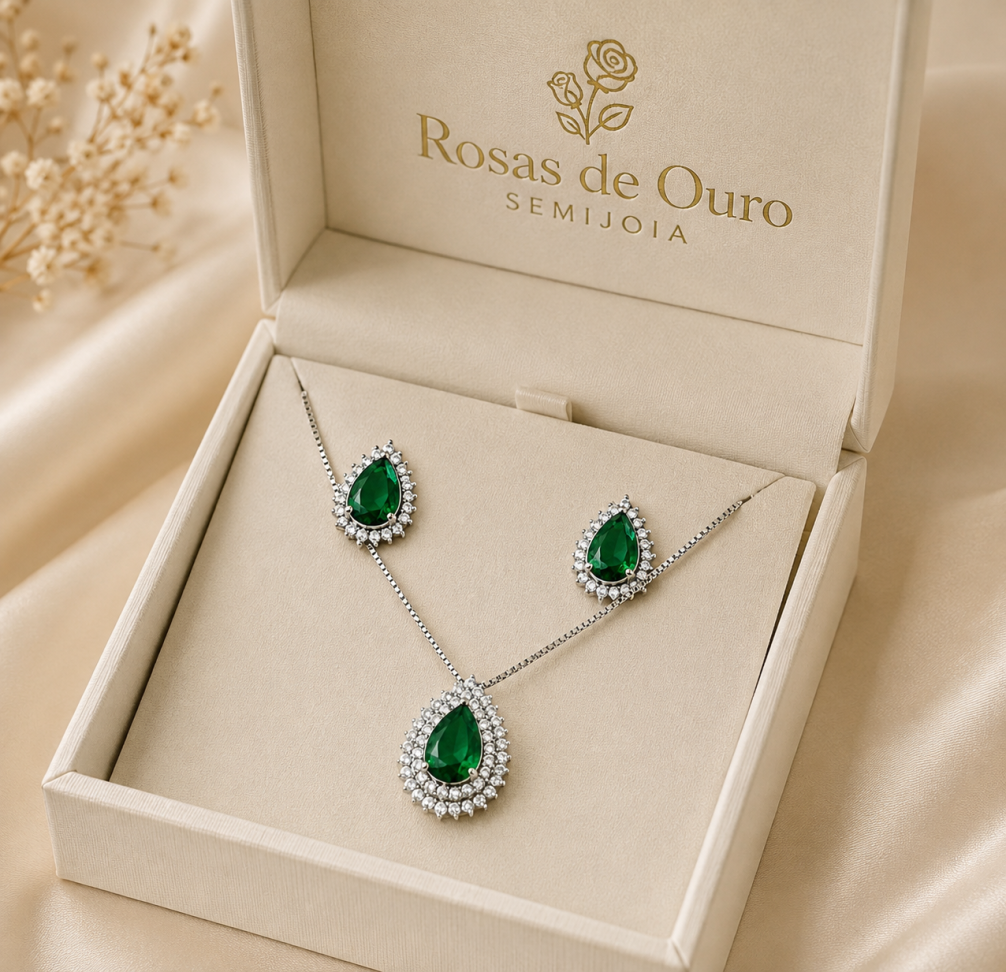 Conjunto gota verde ródio branco