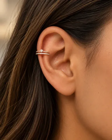 Piercing fake vazado lateral cravejada com ponto de luz