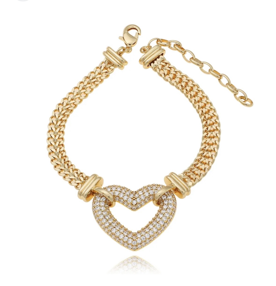 Pulseira trançada com pingente coração cravejado