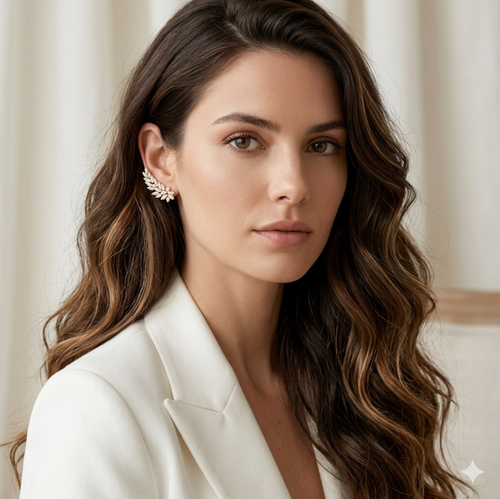 Brinco ear cuff folhas pedraria