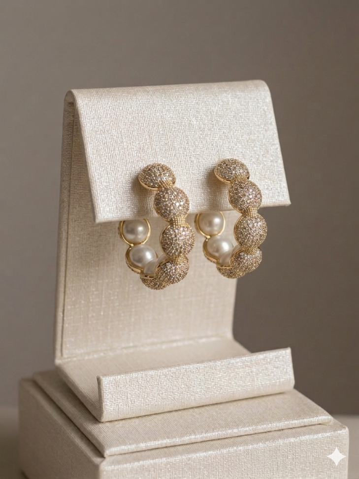 Brinco argola esferas cravejadas com pérolas