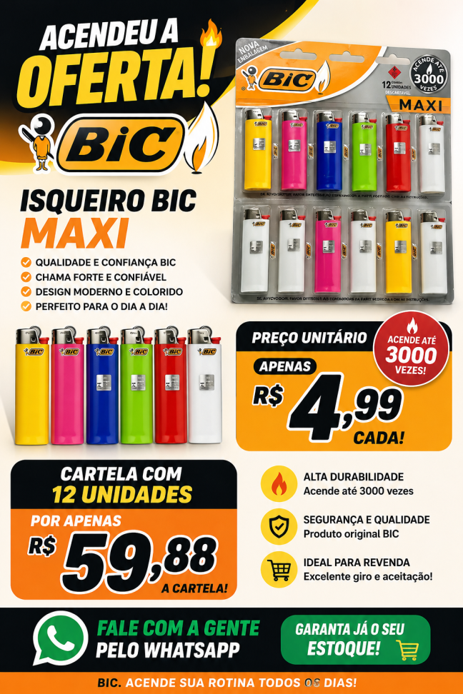 Cartela Maxi Grande Acendedor Bic Kit C/12 Unidades