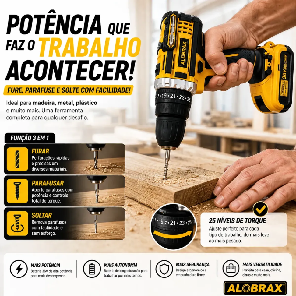 Parafusadeira Furadeira 36v Sem Fio 2 Baterias C/ Maleta - #6