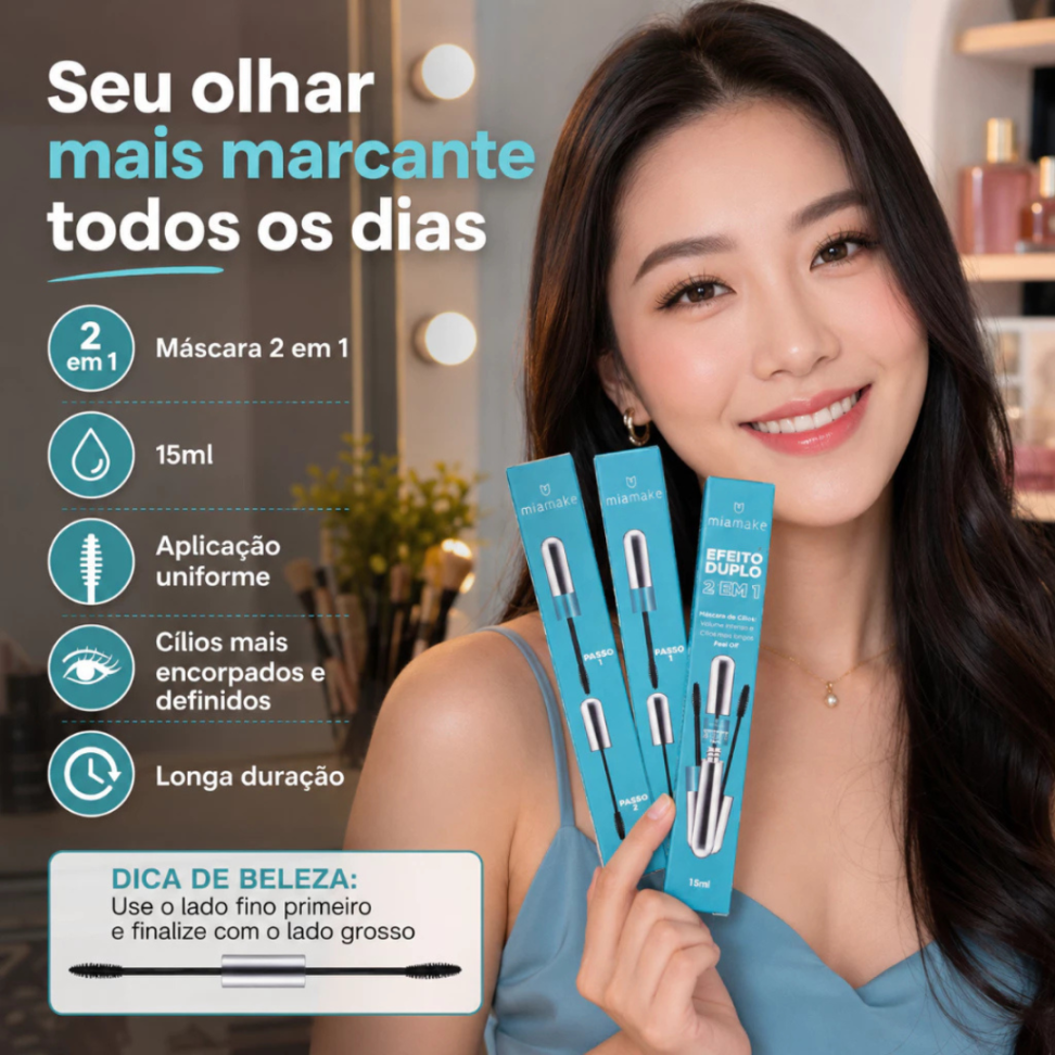 Máscara de Cílios Mia Make 2 em 1 Efeito Duplo Volume e Alongamento 15ml - #4