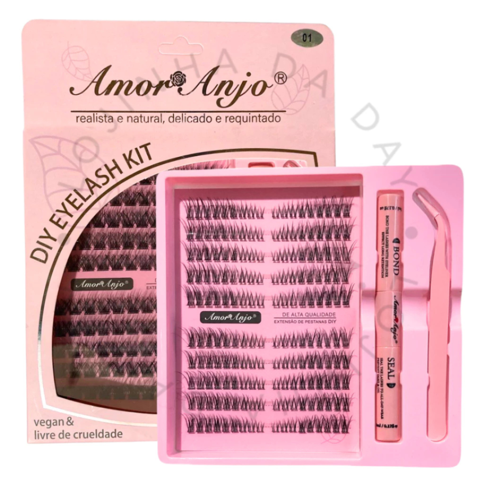 Kit Cílios Tufinhos Magnéticos Rosa Amor & Anjo com Pinça + Cola + Selador