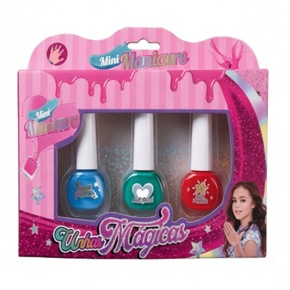 Kit 3 Esmaltes à Base de Água, Glitter Lavável, Não Tóxico - Mini Manicure Infantil