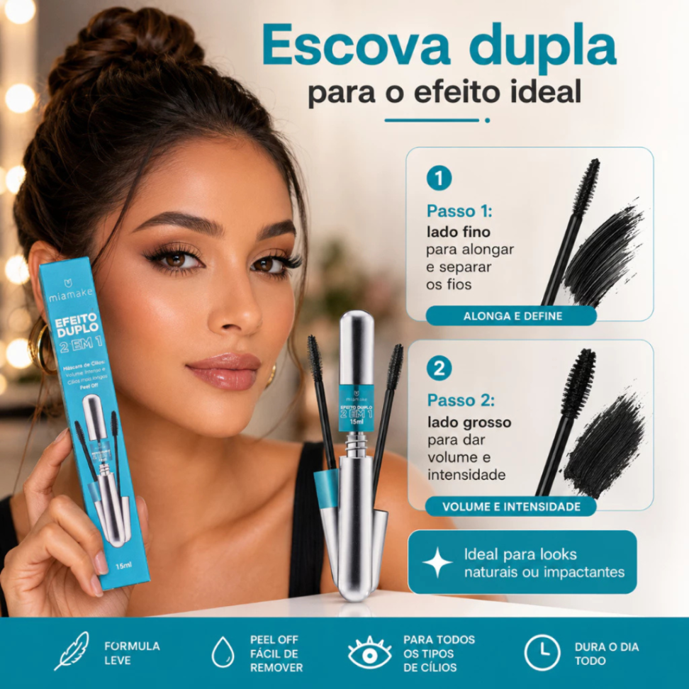 Máscara de Cílios Mia Make 2 em 1 Efeito Duplo Volume e Alongamento 15ml