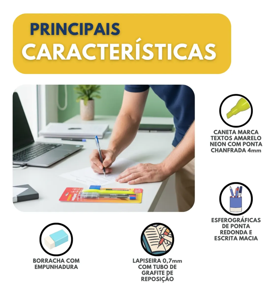 Kit Escolar Maxprint 7 Peças Caneta Lapiseira Borracha - #4