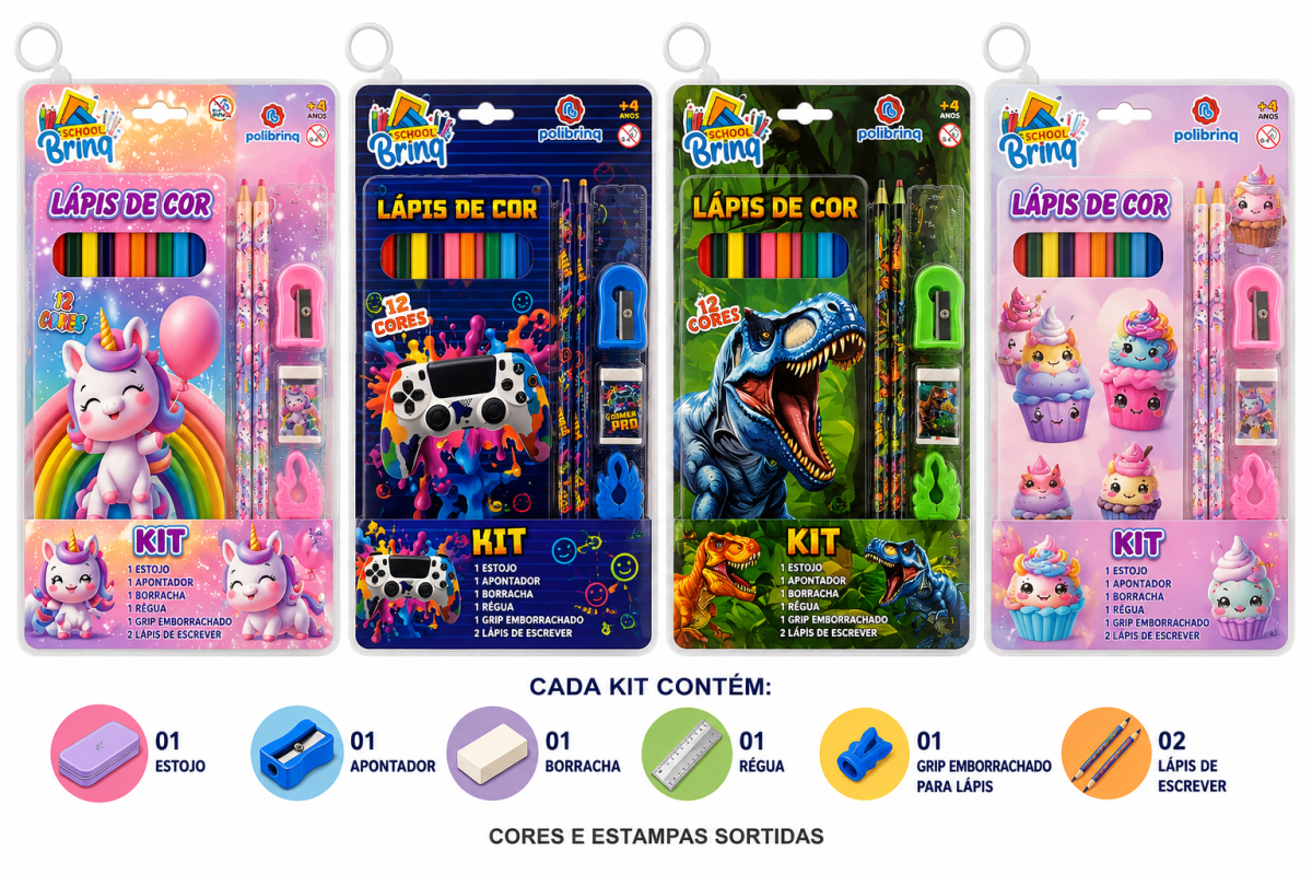 Kit escolar lápis de cor com 06 peças Polibrinq