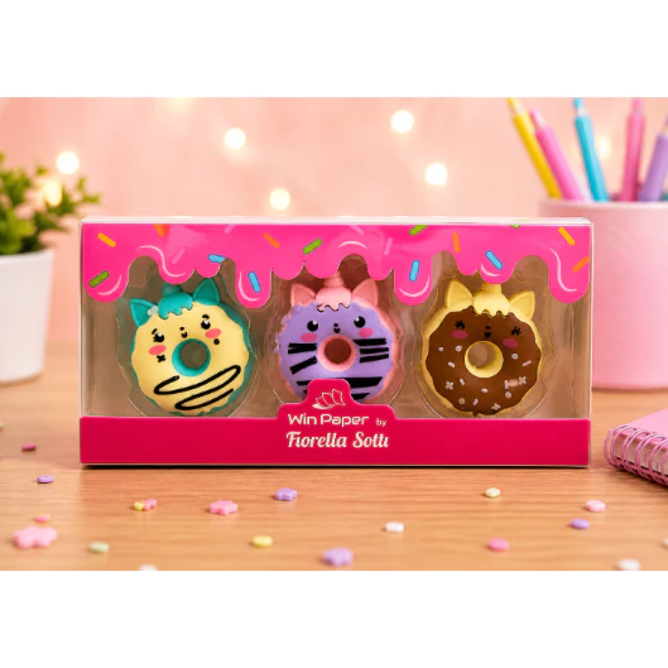 Kit 3 Borrachas Divertidas Fofas Rosquinha Donuts