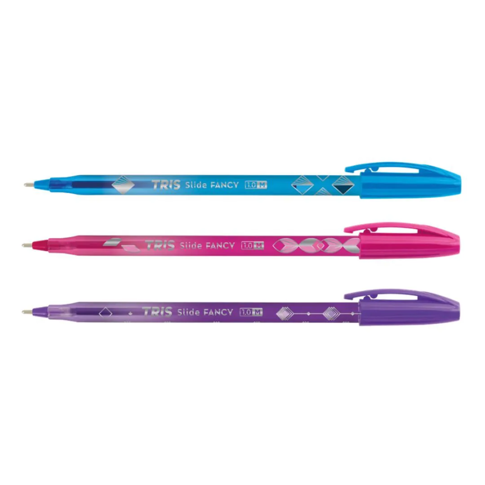 Caneta Esferográfica Slide Fancy 1,0 mm – Blister com 3 Unidades Coloridas