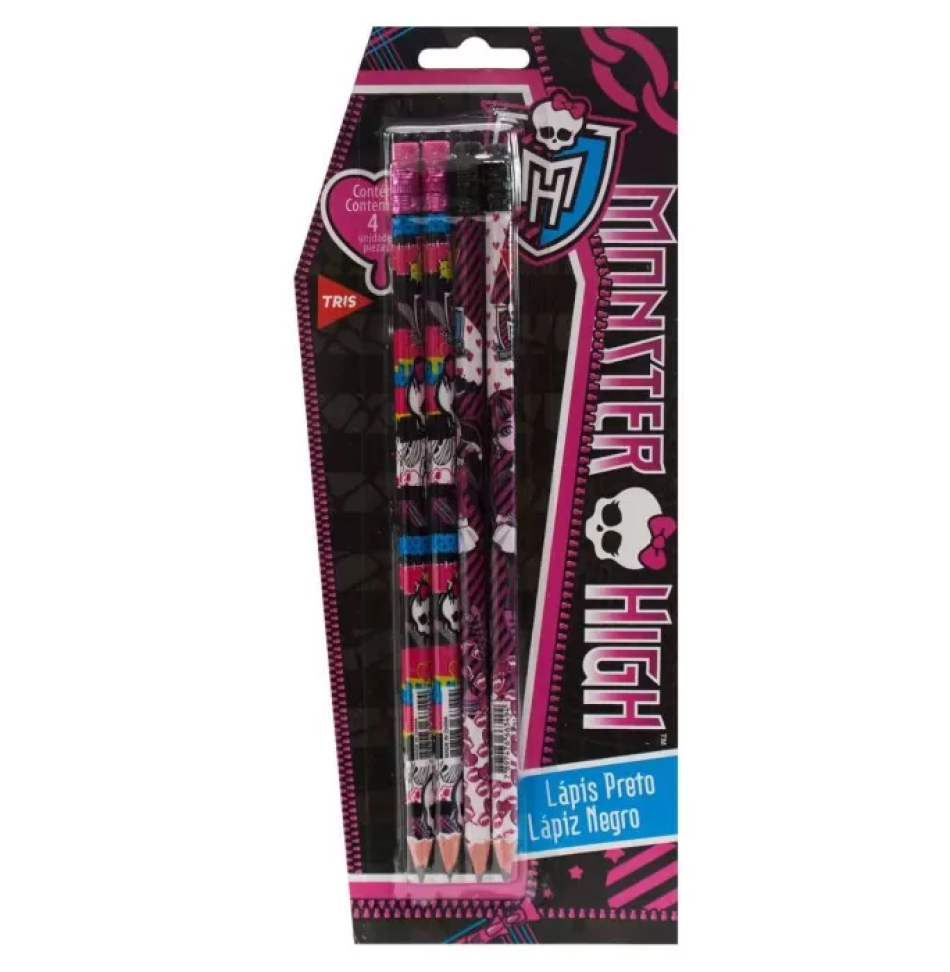 Lápis de escreve com borracha blister com 04 unidades Monster High