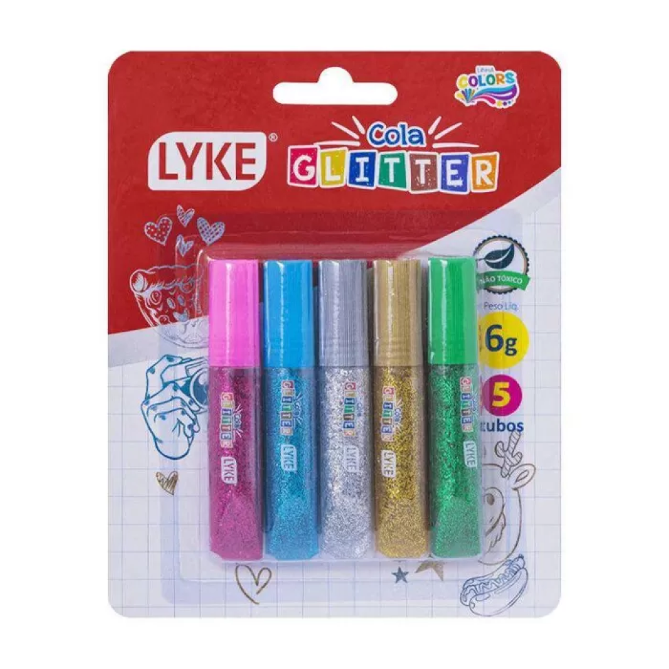 Cola Glitter Colours 6g – Blister com 5 Tubos Sortidos | Lyke