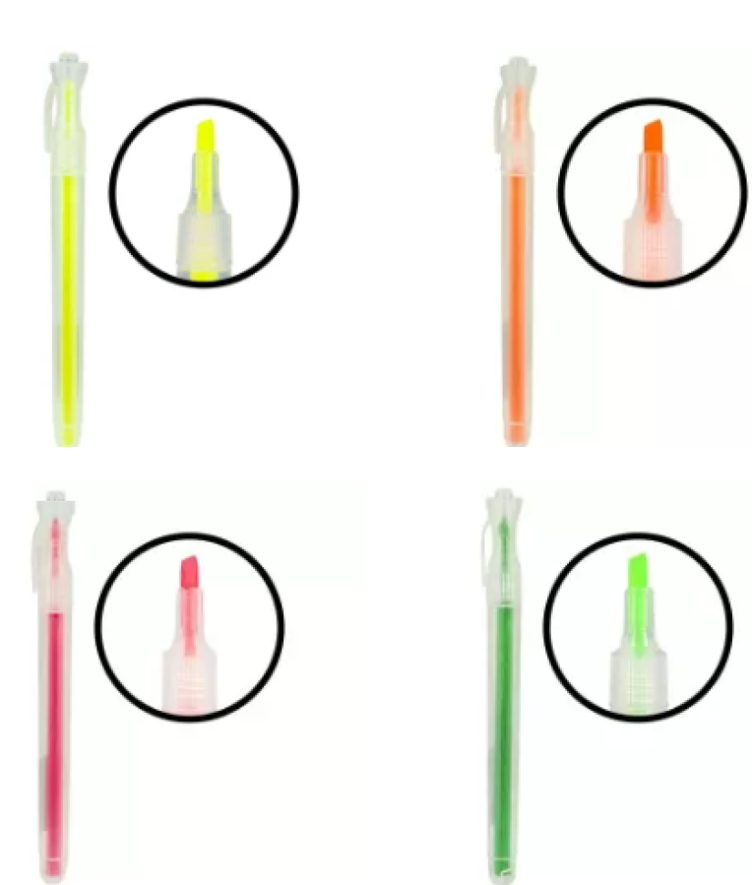 Caneta Marca Texto Transparente BRW – Verde, Rosa, Laranja e Amarelo Fluorescente