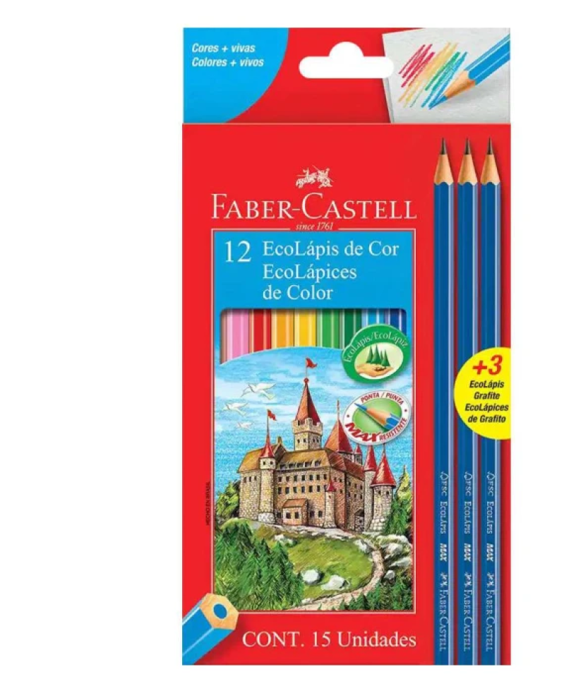 Lápis de Cor 12 Cores + 3 Ecolápis de Escrever Faber-Castell – Qualidade e Criatividade em um Só Kit!
