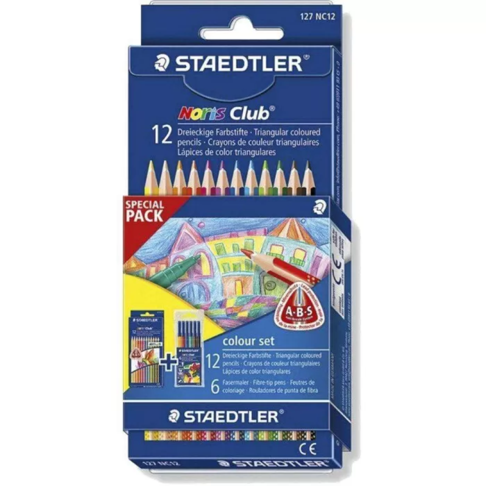 Lápis de Cor 12 Cores + 6 Canetinhas Hidrocor Staedtler Tris – Diversão Completa para Criar e Colorir!