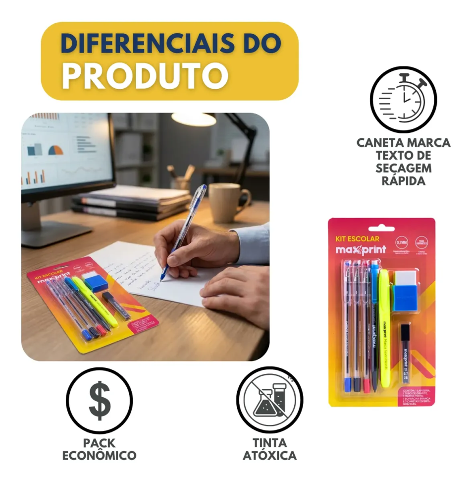 Kit Escolar Maxprint 7 Peças Caneta Lapiseira Borracha - #3
