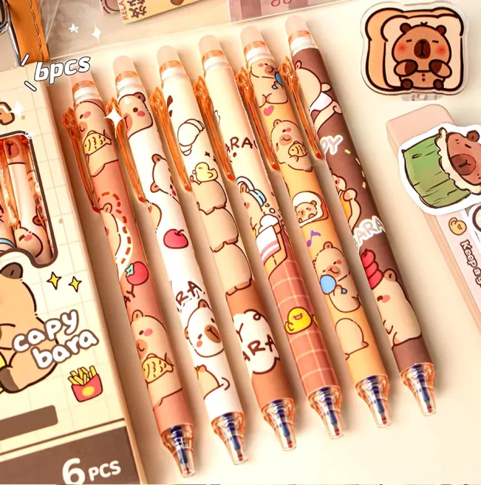 Kit 6 Canetas Apagáveis Capivara Filó Papelaria Fofa Kawaii - #2