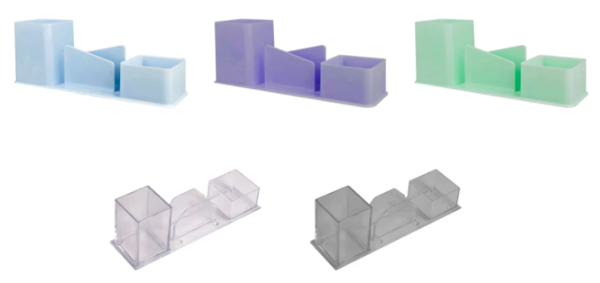 Porta Canetas, Clips e Lembretes 3 em 1 Acrílico – Azul, Lilás, Verde e Cristal