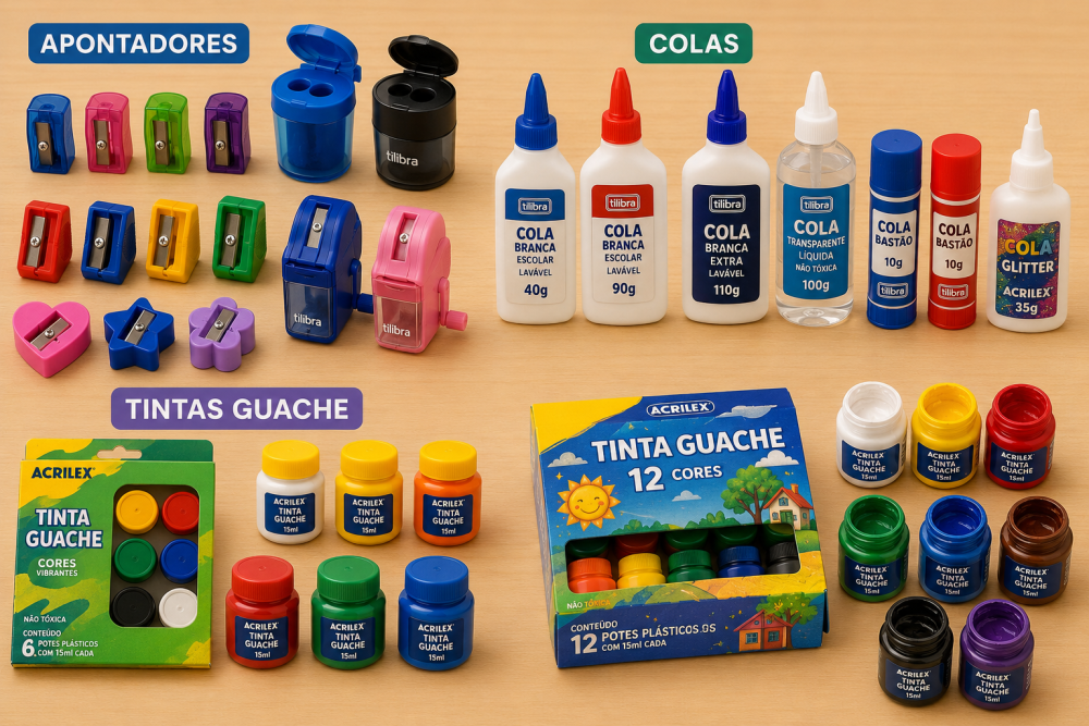 Colas, tintas guache, apontadores