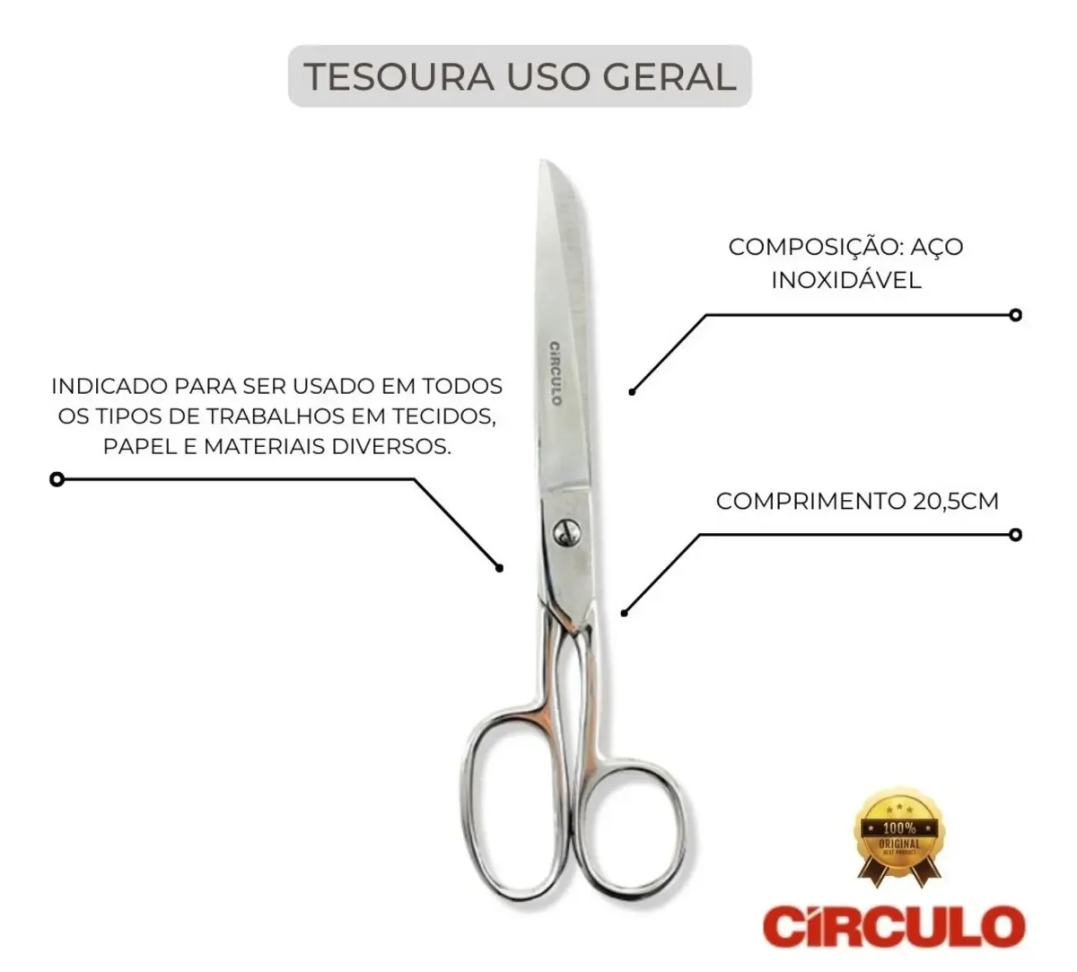 Tesoura Inox 20,5cm 8'' Círculo - Costura / Multiuso - #7
