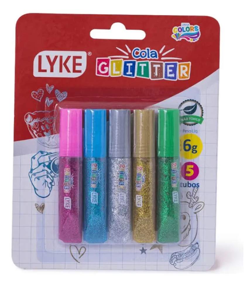 Cola glitter colours 06 gramas blister com 05 tubos sortidos Lyke