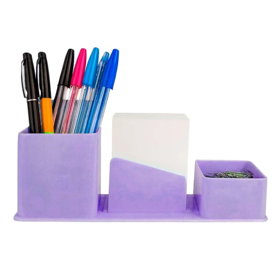 Porta Canetas, Clips e Lembretes 3 em 1 Acrílico – Azul, Lilás, Verde e Cristal