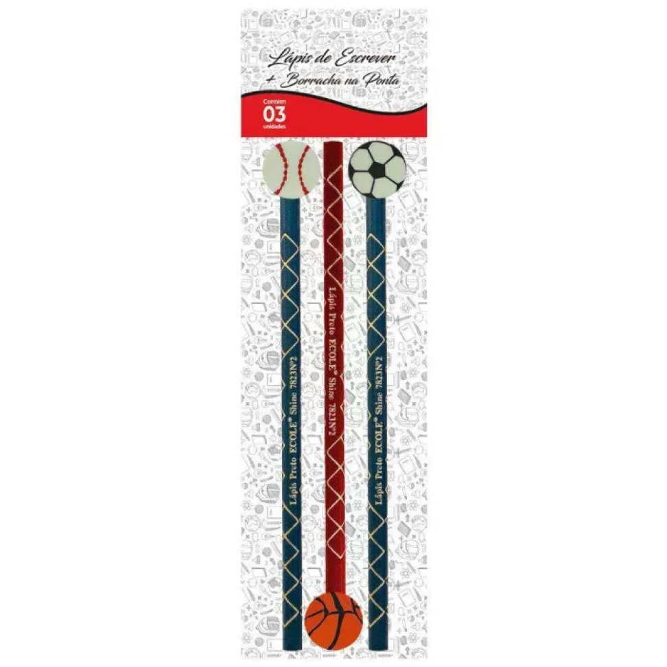 Lápis de Escrever com Borracha Bolas Esporte – Blister com 3 Unidades