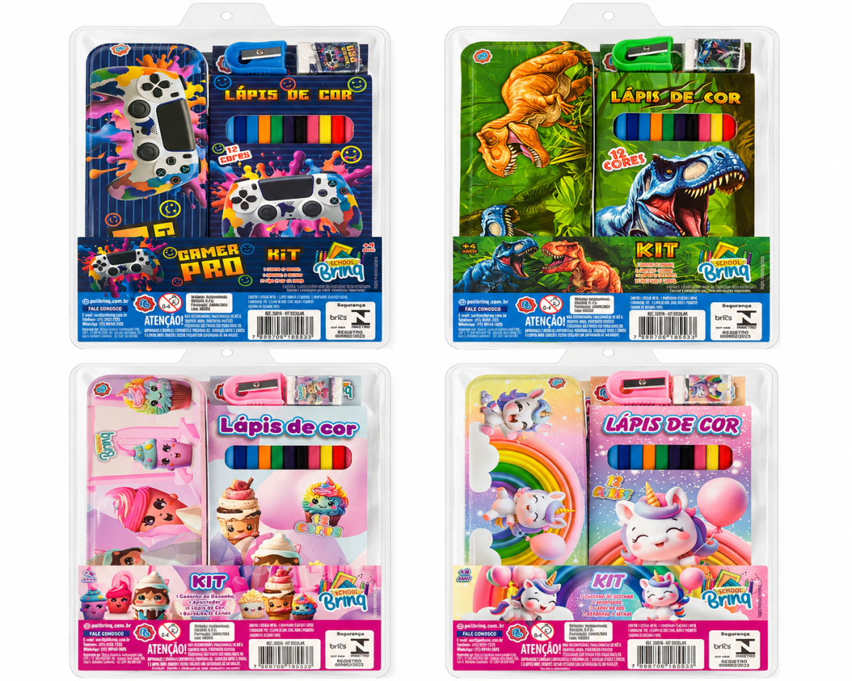 Kit escolar estojo de metal com 05 peças sortidos Polibrinq