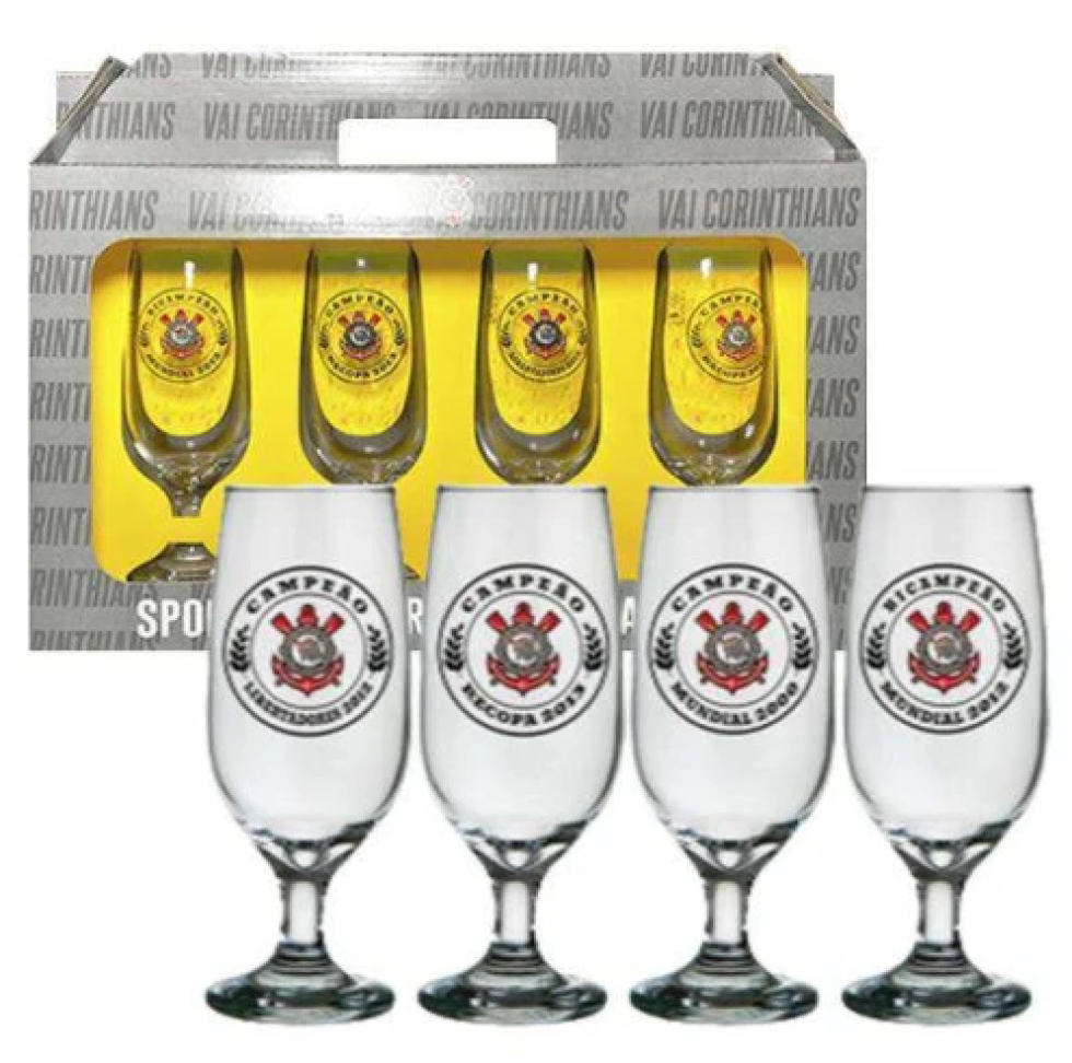 Taça de vidro floripa para chopp 300ml com 04 peças corinthians allmix