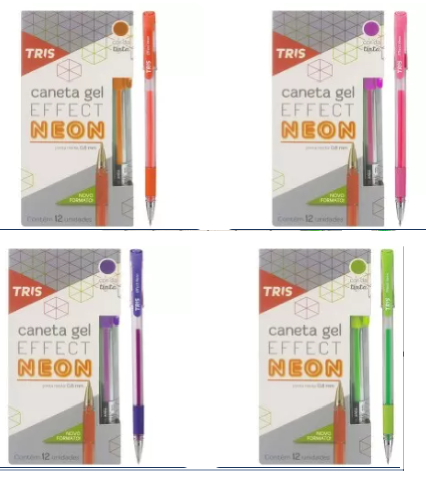 Caneta Gel Effect Neon 1.0mm TRIS – Verde, Roxa, Laranja e Rosa