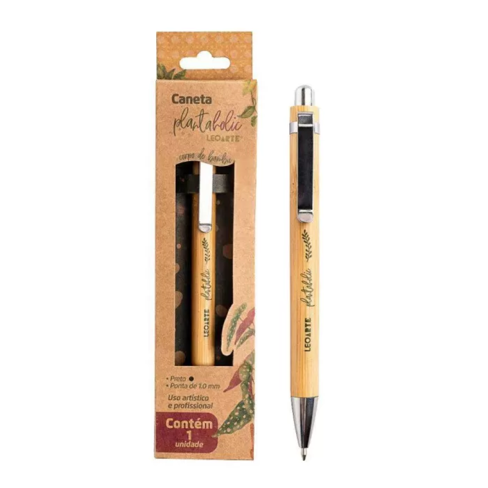 Caneta Esferográfica Retrátil Plantaholic Bambu 1.0 mm Preta – Leonora LeoArte