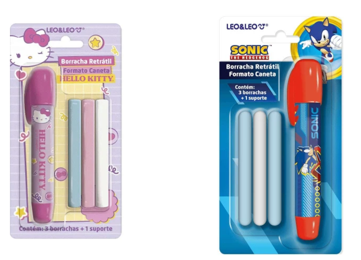 Caneta borracha retrátil Hello Kitty e Sonic 04 peças Leo e Leo