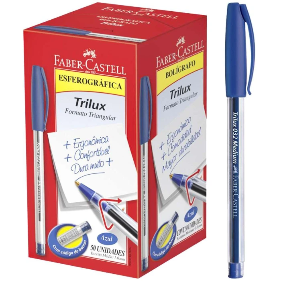 Caneta Esferográfica Fix Trilux Faber-Castell – Azul, Preta e Vermelha - Und