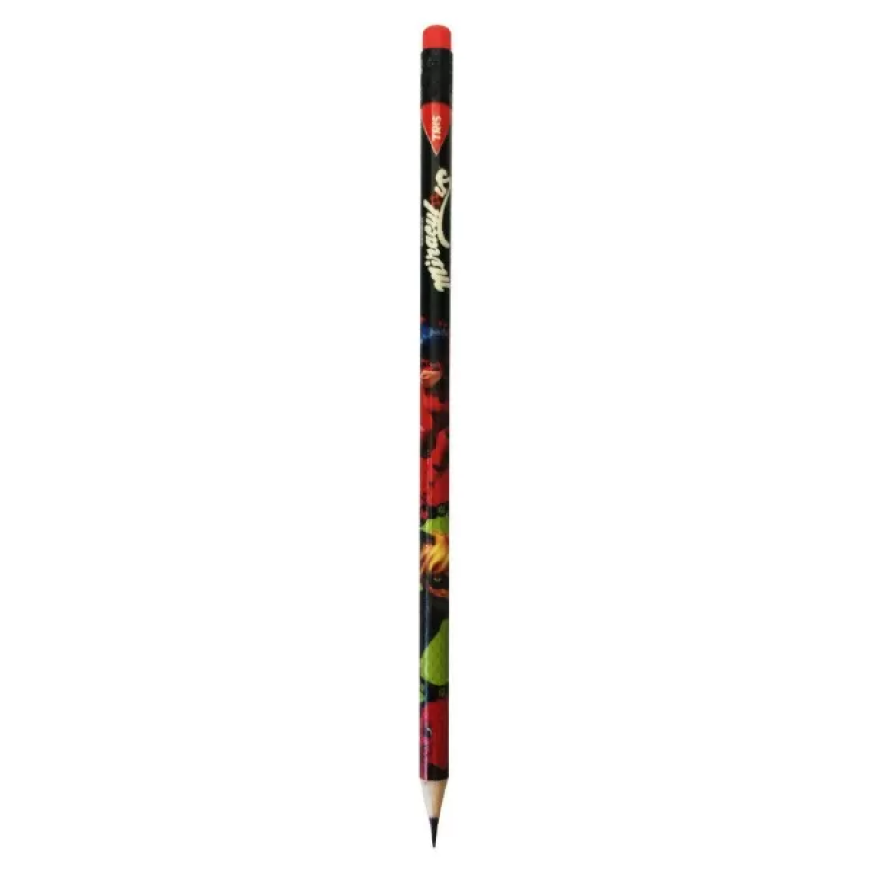 Lápis de escrever com borracha 04 peças blister Miraculous Tris